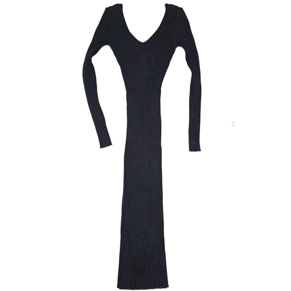 Astonishing Power Ribbed Bodycon V-Neck Midi Dress Womens M Black NEW Elegant